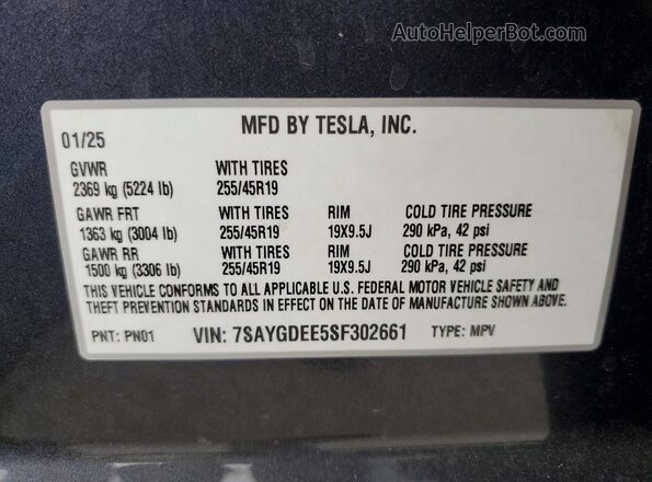 7SAYGDEE5SF302661 2025 TESLA MODEL Угольный Вид наклейки с VIN-кодом