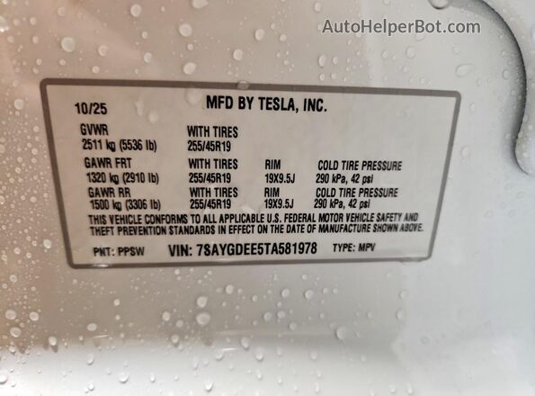 7SAYGDEE5TA581978 2026 TESLA MODEL White Engine compartment view