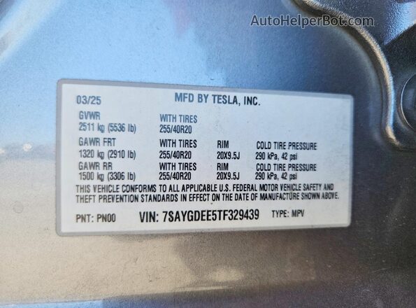 7SAYGDEE5TF329439 2026 TESLA MODEL Gray Vista interior de 360 grados