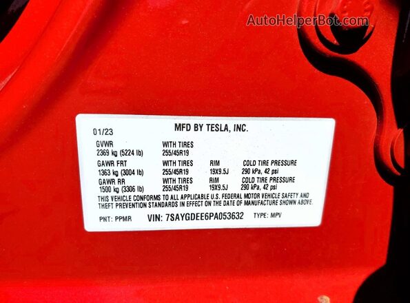 7SAYGDEE6PA053632 2023 TESLA MODEL Red Вид наклейки з VIN-кодом
