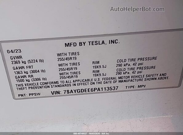 7SAYGDEE6PA113537 2023 TESLA MODEL Y White Vista del compartimento del motor