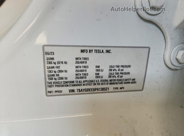 7SAYGDEE6PA138521 2023 TESLA MODEL White Вид наклейки з VIN-кодом