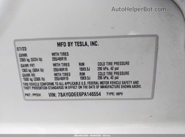 7SAYGDEE6PA146554 2023 TESLA MODEL Y White Widok komory silnika