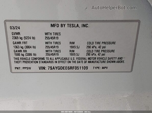 7SAYGDEE6RF051109 2024 TESLA MODEL Y White Շարժիչի բաժամունքի տեսք