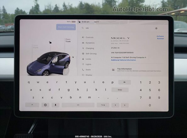 7SAYGDEE6RF995640 2024 TESLA MODEL Y Gray Widok tylnych siedzeń