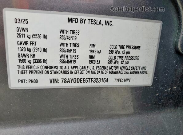 7SAYGDEE6TF323164 2026 TESLA MODEL Gray VIN კოდის სტიკერის ხედი