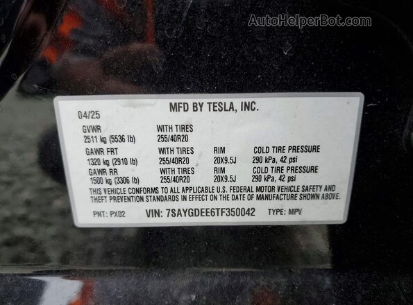 7SAYGDEE6TF350042 2026 TESLA MODEL Black Widok naklejki z numerem VIN
