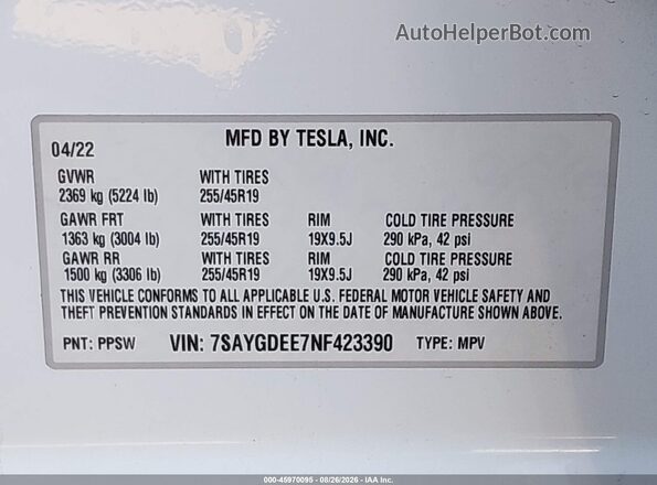 7SAYGDEE7NF423390 2022 TESLA MODEL Y White Vista del compartimento del motor