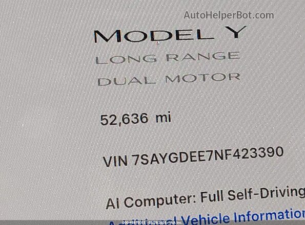 7SAYGDEE7NF423390 2022 TESLA MODEL Y White 