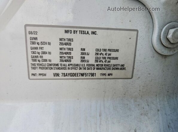 7SAYGDEE7NF517981 2022 TESLA MODEL Белый Вид подкапотного пространства