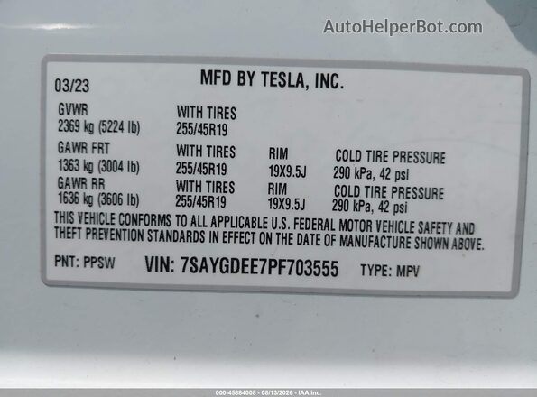 7SAYGDEE7PF703555 2023 TESLA MODEL Y White Вид підкапотного простору