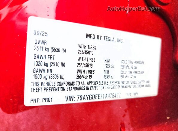 7SAYGDEE7TA476472 2026 TESLA MODEL Red VIN კოდის სტიკერის ხედი