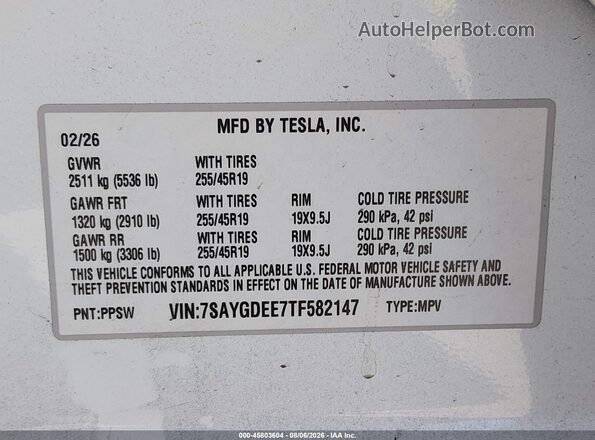 7SAYGDEE7TF582147 2026 TESLA MODEL Y White Շարժիչի բաժամունքի տեսք