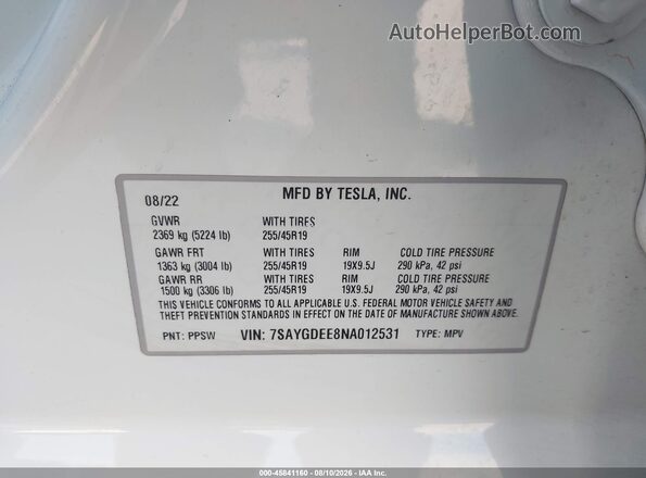 7SAYGDEE8NA012531 2022 TESLA MODEL Y White ძრავის განყოფილების ხედი