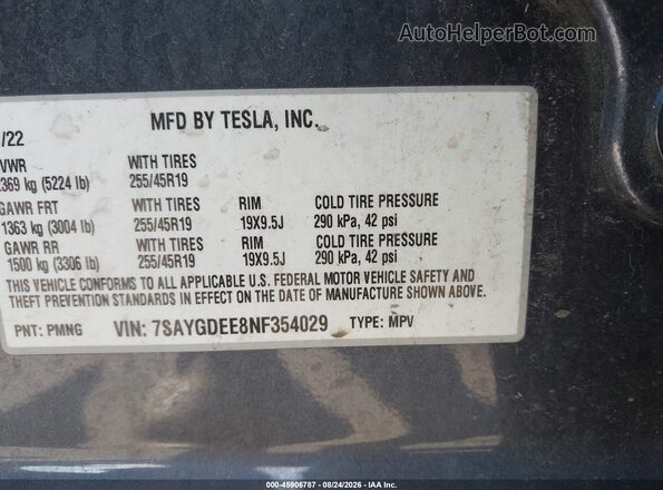 7SAYGDEE8NF354029 2022 TESLA MODEL Y Gray Շարժիչի բաժամունքի տեսք
