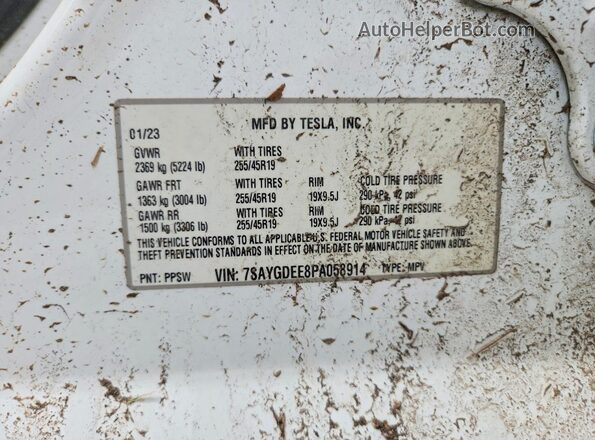 7SAYGDEE8PA058914 2023 TESLA MODEL White VIN sticker view