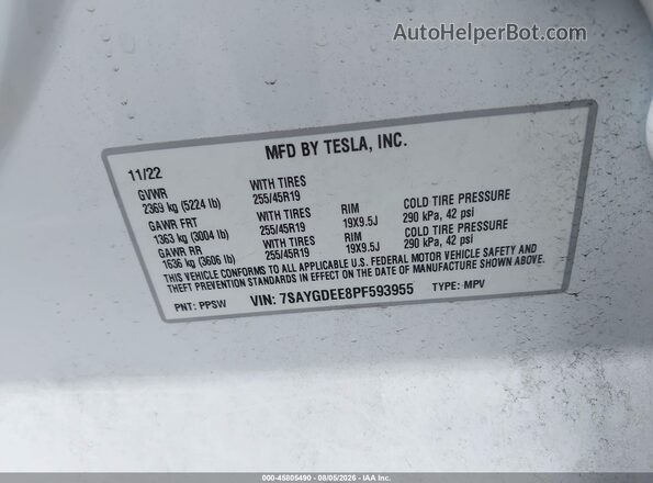 7SAYGDEE8PF593955 2023 TESLA MODEL Y White Вид підкапотного простору