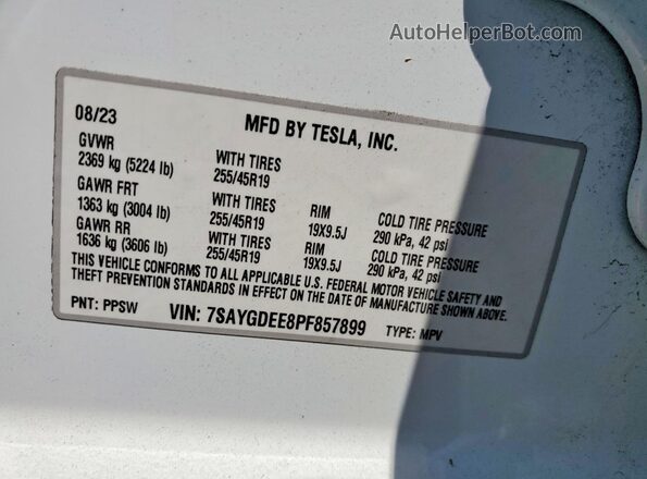 7SAYGDEE8PF857899 2023 TESLA MODEL White Engine compartment view