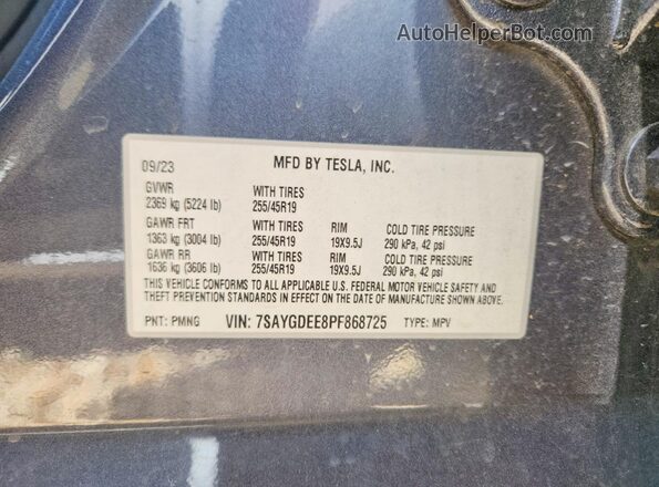 7SAYGDEE8PF868725 2023 TESLA MODEL Gray Widok naklejki z numerem VIN