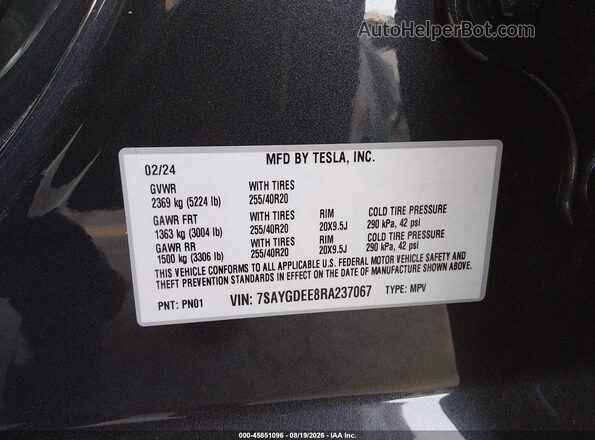 7SAYGDEE8RA237067 2024 TESLA MODEL Y Gray Շարժիչի բաժամունքի տեսք