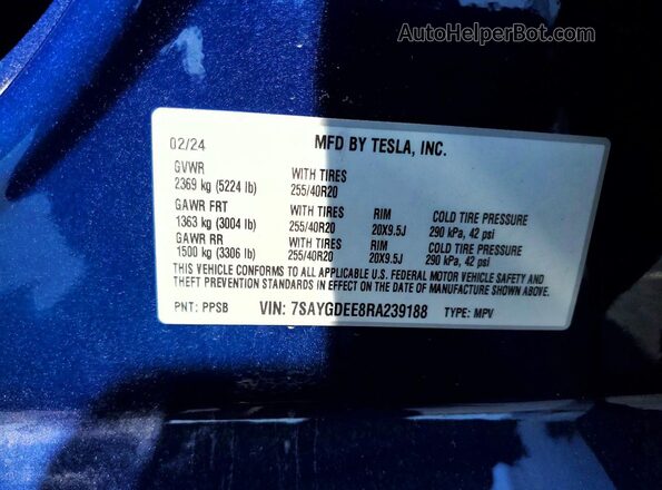 7SAYGDEE8RA239188 2024 TESLA MODEL Blue VIN կոդի պիտակի տեսք