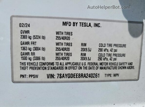 7SAYGDEE8RA240261 2024 TESLA MODEL White Engine compartment view