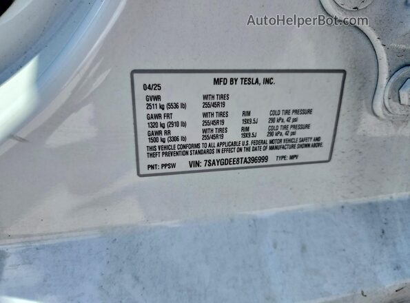 7SAYGDEE8TA396999 2026 TESLA MODEL Белый Вид наклейки с VIN-кодом
