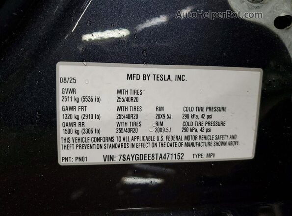 7SAYGDEE8TA471152 2026 TESLA MODEL Gray VIN կոդի պիտակի տեսք