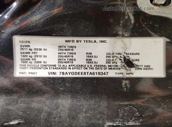 7SAYGDEE8TA619347 2026 TESLA MODEL Gray Vista de la etiqueta del VIN