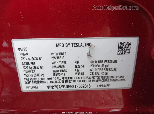 7SAYGDEE8TF652318 2026 TESLA MODEL Y Red Engine compartment view