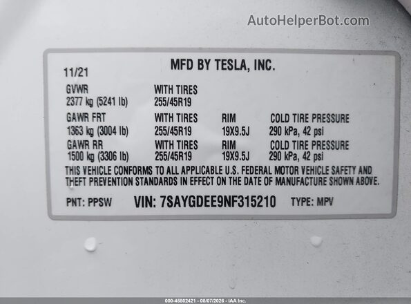 7SAYGDEE9NF315210 2022 TESLA MODEL Y White Вид підкапотного простору