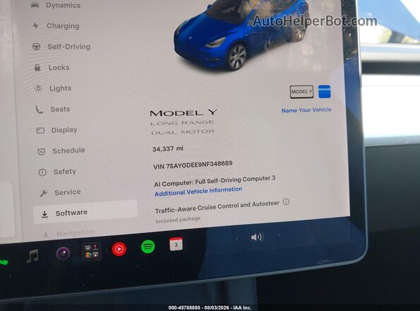 7SAYGDEE9NF348689 2022 TESLA MODEL Y Blue უკანა სავარძლების ხედი
