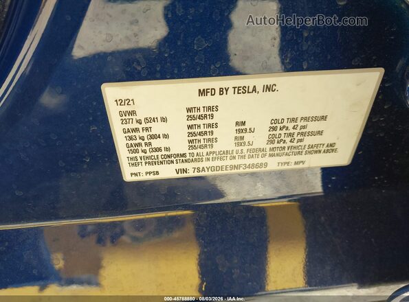 7SAYGDEE9NF348689 2022 TESLA MODEL Y Blue ძრავის განყოფილების ხედი