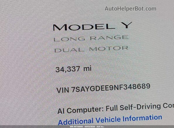 7SAYGDEE9NF348689 2022 TESLA MODEL Y Blue 