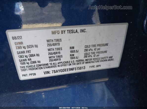 7SAYGDEE9NF515813 2022 TESLA MODEL Y Blue Вид підкапотного простору