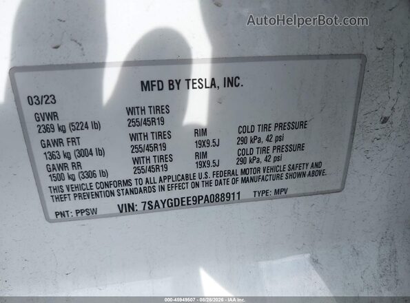 7SAYGDEE9PA088911 2023 TESLA MODEL Y White Widok komory silnika
