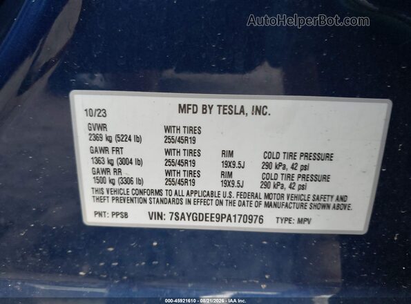 7SAYGDEE9PA170976 2023 TESLA MODEL Y Blue Вид підкапотного простору