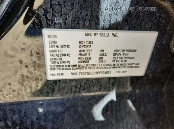 7SAYGDEE9PF904051 2023 TESLA MODEL Black VIN კოდის სტიკერის ხედი