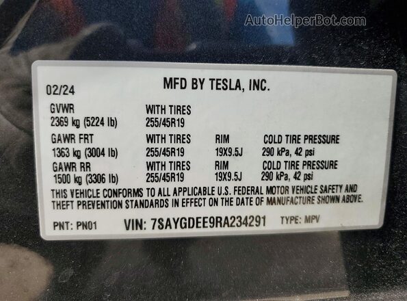 7SAYGDEE9RA234291 2024 TESLA MODEL Серый Вид наклейки с VIN-кодом