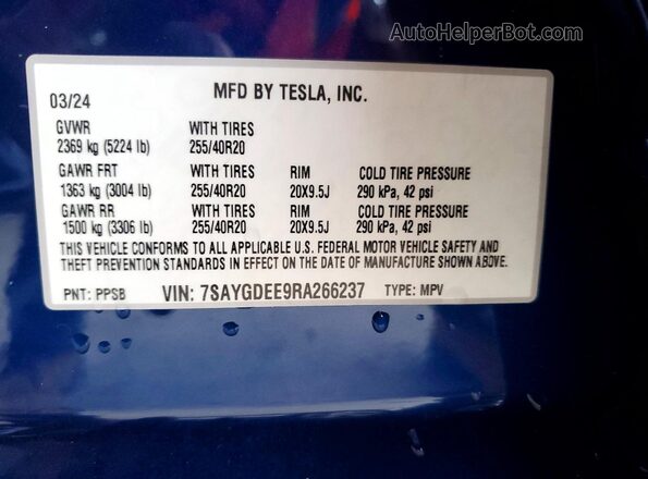 7SAYGDEE9RA266237 2024 TESLA MODEL Blue VIN კოდის სტიკერის ხედი