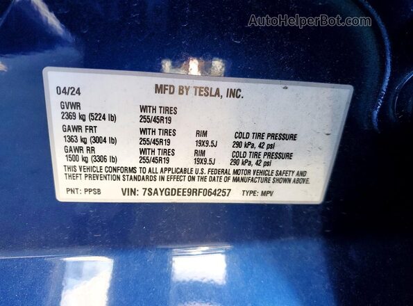 7SAYGDEE9RF064257 2024 TESLA MODEL Blue VIN sticker view