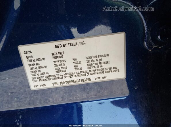 7SAYGDEE9RF183295 2024 TESLA MODEL Y Blue Շարժիչի բաժամունքի տեսք