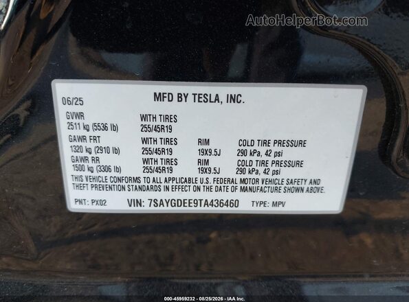 7SAYGDEE9TA436460 2026 TESLA MODEL Y Black Вид підкапотного простору