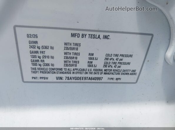 7SAYGDEE9TA640997 2026 TESLA MODEL Y White Շարժիչի բաժամունքի տեսք