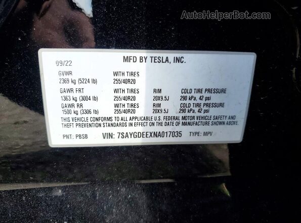 7SAYGDEEXNA017035 2022 TESLA MODEL Black Вид наклейки з VIN-кодом