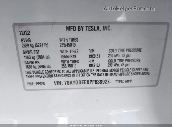 7SAYGDEEXPF638927 2023 TESLA MODEL Y White ძრავის განყოფილების ხედი