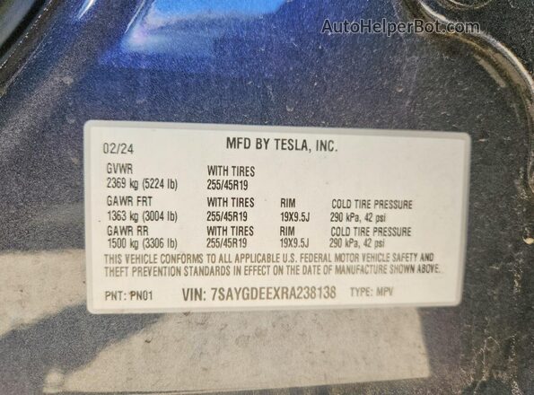 7SAYGDEEXRA238138 2024 TESLA MODEL Charcoal VIN sticker view