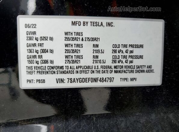 7SAYGDEF0NF484797 2022 TESLA MODEL Black VIN sticker view