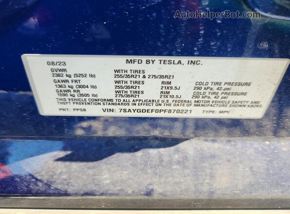 7SAYGDEF0PF870221 2023 TESLA MODEL Blue VIN sticker view