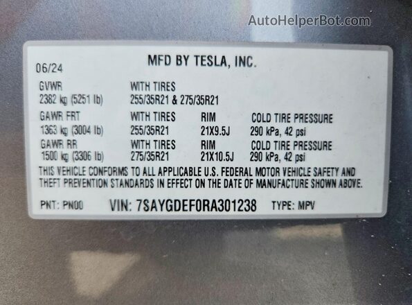 7SAYGDEF0RA301238 2024 TESLA MODEL Gray VIN კოდის სტიკერის ხედი